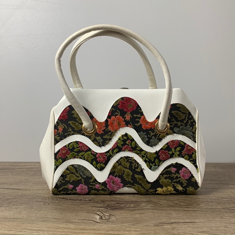 Vintage 1960’s faux leather handbag with chenille trim